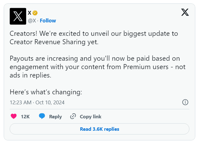 X thay đổi khoản thanh toán của người sáng tạo phụ thuộc vào mức độ tương tác, không phải quảng cáo